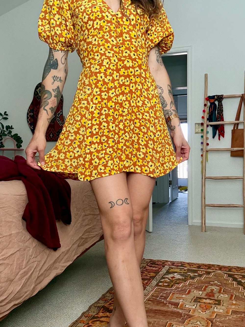 Faithfull the Brand Yellow Floral Puff-Sleeve Mini Dress